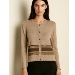 St. John Collection Embellished Ruffle Trim Striped Crew Neck Brown Sweater M